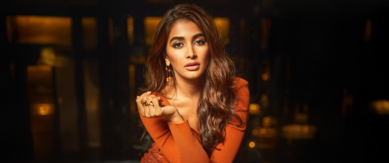 Pooja Hegde, 8K, Dark background, 5K, Indian actress, Orange