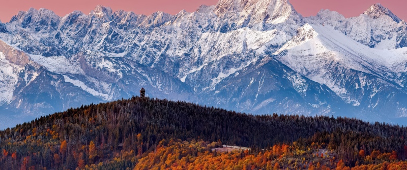 Tatra Mountains, Autumn Forest, Landscape, Snowy Mountains, Pink sky