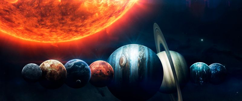 Solar system, Planets, Sun, Orange, Stars, Burning, Earth, Mars, Jupiter, Red planet