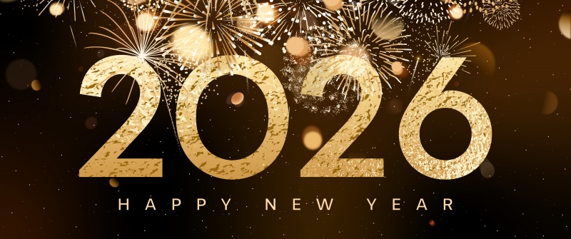Happy New Year 2026, Fireworks, New Year celebrations, Golden letters, Black and gold, 5K