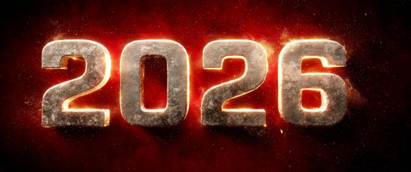 2026 New Year, 3D text, Dark red, Golden text, 5K, Red background