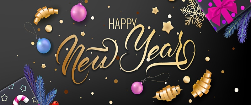 Happy New Year, Confetti, Black and gold, Golden letters, Dark background, 5K
