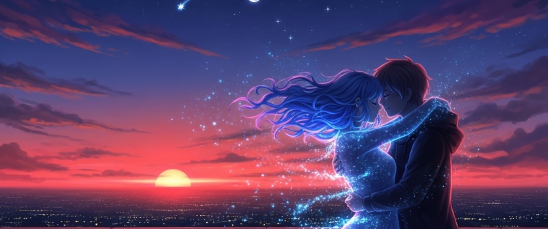 Romantic, Love couple, Surreal, Ethereal, Glowing, Sunset, Stars, Shooting stars, Moon, 5K