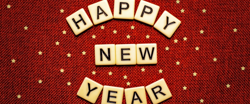 Happy New Year, Golden stars, Scrabble letters, Red background, 5K