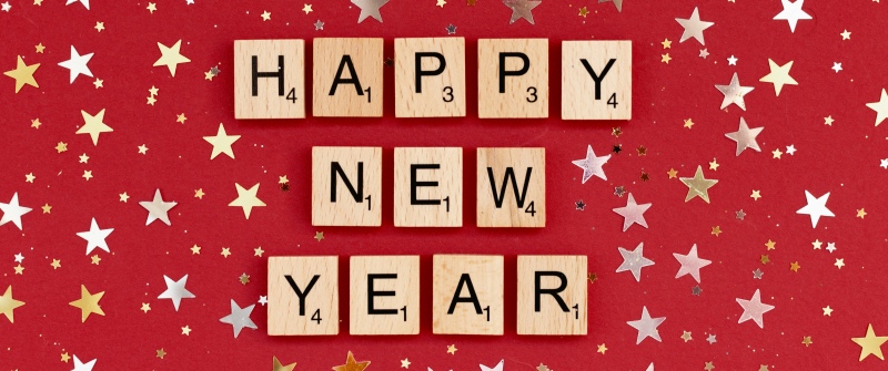 Happy New Year, Scrabble letters, Red background, Golden stars, 5K, 8K