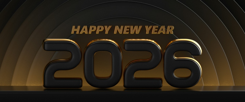 Happy New Year 2026, Black and gold, 3D text, 2026 New Year