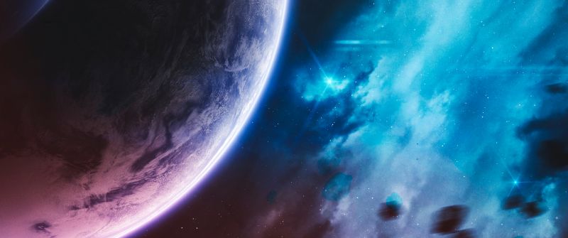 Purple Planet, Cosmos, Stars, Blue Galaxy, Asteroids