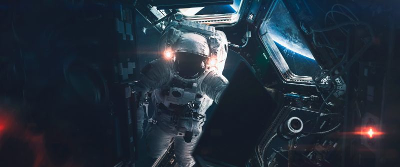 Astronaut, Space station, Laptop, Space suit, Lights