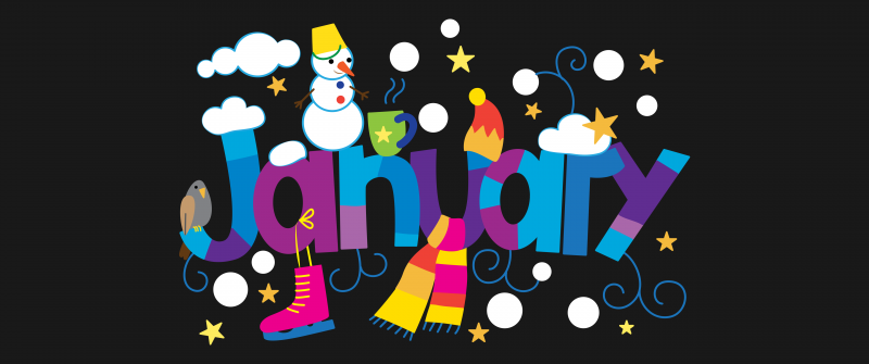 January, Illustration, Colorful, Snowman, Dark background, 5K