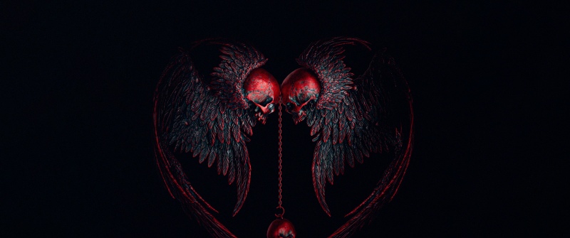 Heart shape, Skulls, Gothic, Angel wings, AMOLED, Black background, 5K