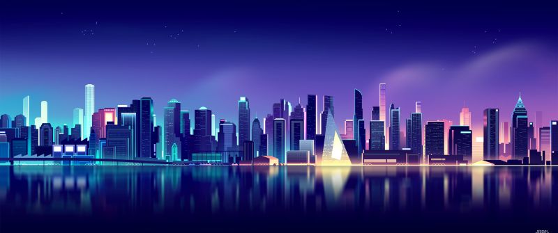 Cityscape, Neon, Skyline, Aesthetic, Reflections, 5K