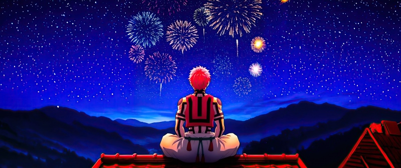 Akaza, Fireworks, Demon Slayer: Kimetsu No Yaiba Infinity Castle, Night sky, Rooftop, 5K