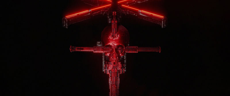 Mysterious, Artifact, Skull, Neon art, Red glow, Black background, 5K