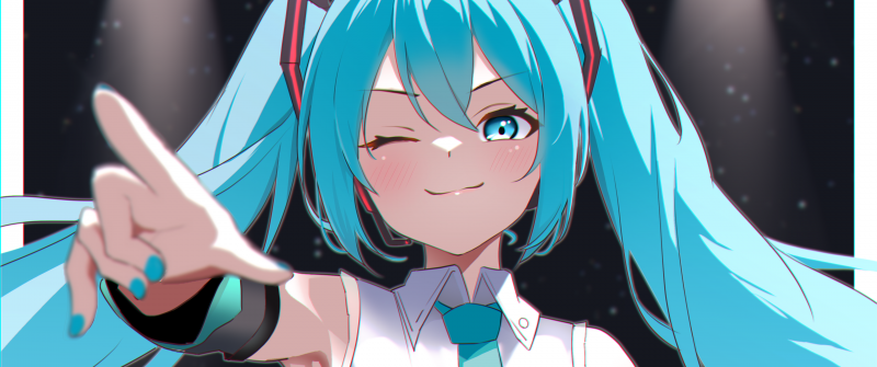 Hatsune Miku, Vocaloid, Anime girl, Winking, Blue hair, Digital Art