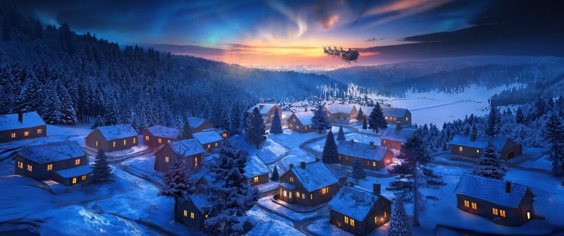 Santa Claus chariot, Christmas Eve, Winter snow, Village, Aurora Borealis, Reindeer Chariot, Forest, Sunset, 5K
