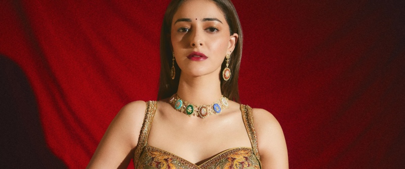 Ananya Panday, Traditional, Indian actress, Red background, 5K