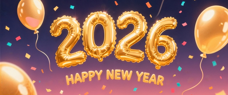Happy New Year 2026, Confetti, Balloons, New Year celebrations, Golden letters, Golden text