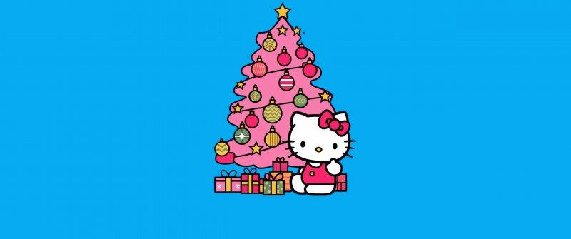 Hello Kitty, Christmas tree, Blue background, Cute cartoon, Sanrio, 5K, Pink cartoon, Minimalist