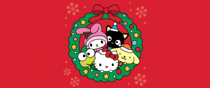 Hello Kitty and Friends, Christmas decoration, Sanrio, Hello Kitty, Holidays, Wreath, Cute cartoon, Red background, 5K, My Melody, Keroppi, Pompompurin