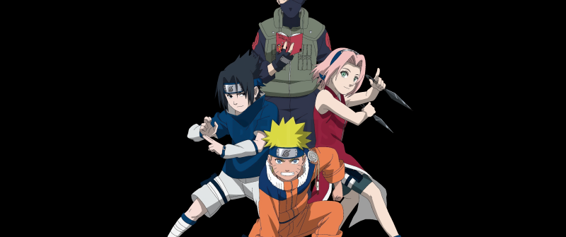 Naruto Team 7, Black background, Naruto Uzumaki, Sasuke Uchiha, Kakashi Hatake, Sakura Haruno, 5K
