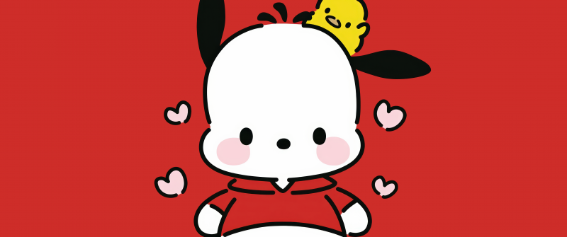 Pochacco, Duck With Knife, Sanrio, 5K, Red background, Cute cartoon