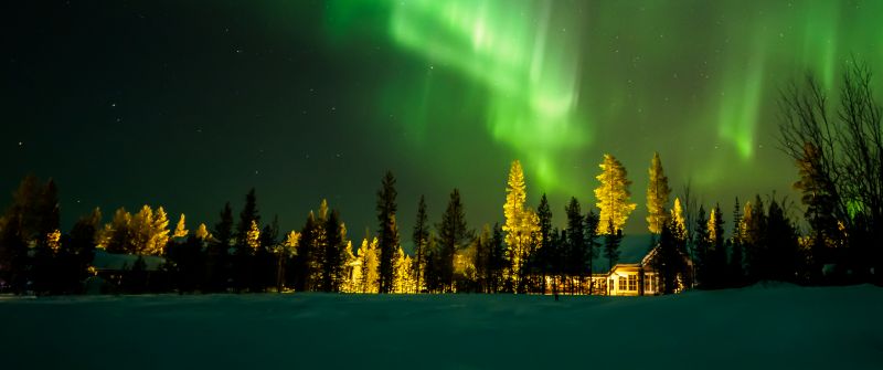 Aurora Borealis, Aurora sky, House, Night