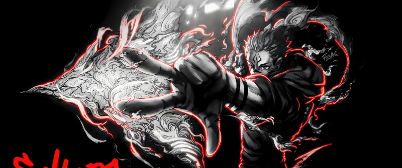 Sukuna, Action, Jujutsu Kaisen, Fire effect, Monochromatic, Dark background, Illustration