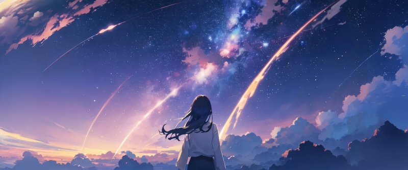 Anime girl, Night sky, Galaxy, Shooting stars, Cosmic, Purple sky, Your Name, Mitsuha Miyamizu, Celestial, Kimi no Na wa