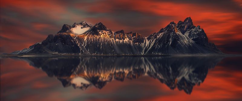 Vestrahorn mountain, Sunset Orange, Lake, Reflection, Scenery, Snow covered, Beautiful, 5K, 8K, Stokksnes