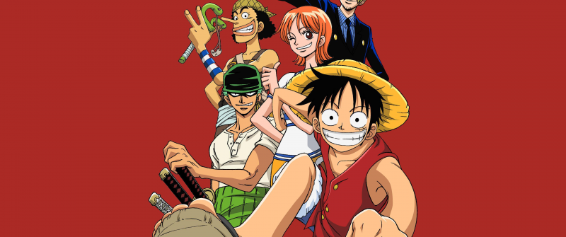 One Piece, Anime series, Red background, Season 1, Usopp, Roronoa Zoro, Nami, Sanji, Monkey D. Luffy