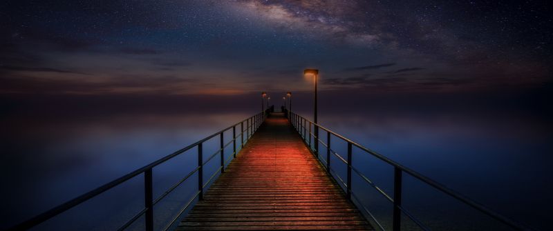 Wooden pier, Night sky, Stars, Galaxy, Milky Way, Seascape, Dark, 5K, 8K