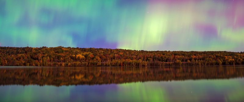 Aurora sky, Forest, River, Reflections, 5K