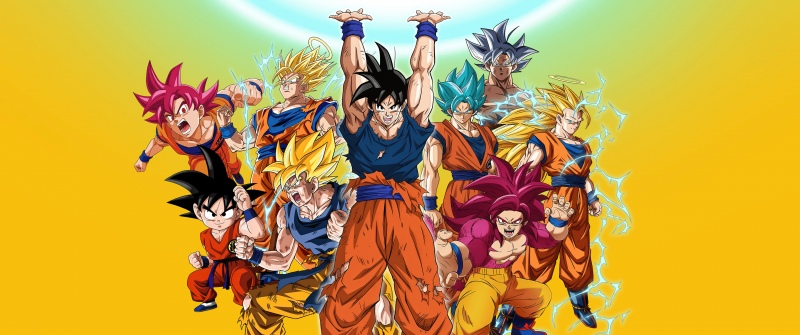 Dragon Ball Super, Anniversary Edition, Super Saiyan Goku, Super Saiyan God, Super Saiyan Blue, Ultra Instinct Goku, Super Saiyan 4 Fusion, 5K, Son Goku, Yellow background