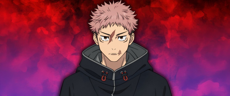 Yuji Itadori, Season 3, Jujutsu Kaisen, 5K, 8K, Pink hair, Hoodie, Red background