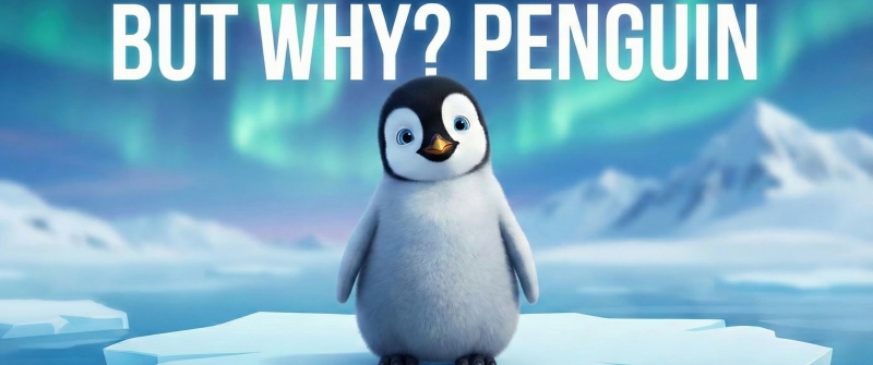 But Why? Penguin, 5K, Cute art, Aurora Borealis, Ice berg, Mountains, Cute cartoon, Meme, Ocean