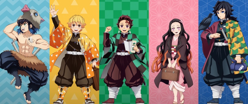 Demon Slayer: Kimetsu no Yaiba, Characters, Inosuke Hashibira, Zenitsu Agatsuma, Tanjiro Kamado, Nezuko Kamado, Giyu Tomioka, 5K, Colorful background