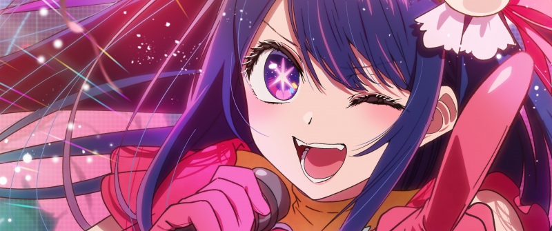 Ai Hoshino, Singing, Winking, Oshi no Ko, Anime girl, 5K, Pink dress, Purple hair, Vibrant