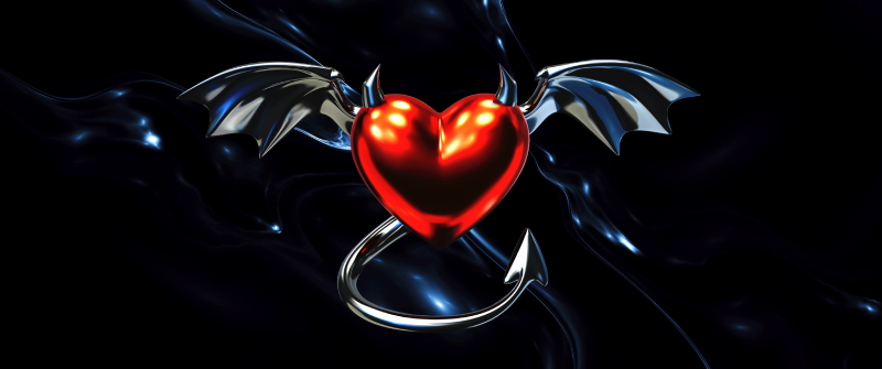 Devil heart, Metallic, Bat wings, Dark background, Red heart, 5K, Gothic