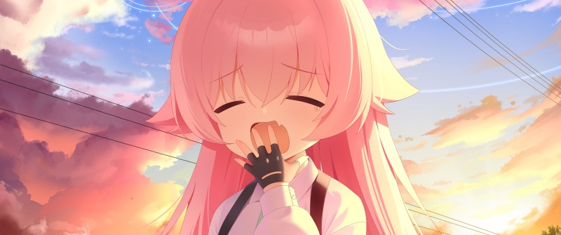 Takanashi Hoshino, Blue Archive, Anime girl, 5K, 8K, Pink hair, Yawning, Sunset, Cute anime