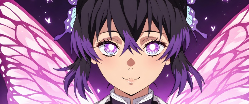 Shinobu Kocho, Purple eyes, Anime girl, Butterfly, Purple aesthetic, Glowing eyes, Demon Slayer: Kimetsu no Yaiba