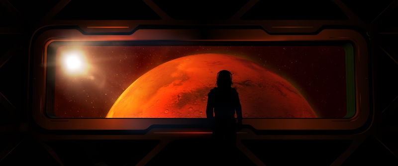 Astronaut, Silhouette, Mars, Spaceship, Red planet, Dark theme
