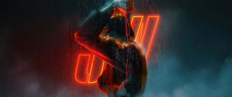 John Wick, Neon art, Rain, Dark aesthetic, 5K, Neon lighting