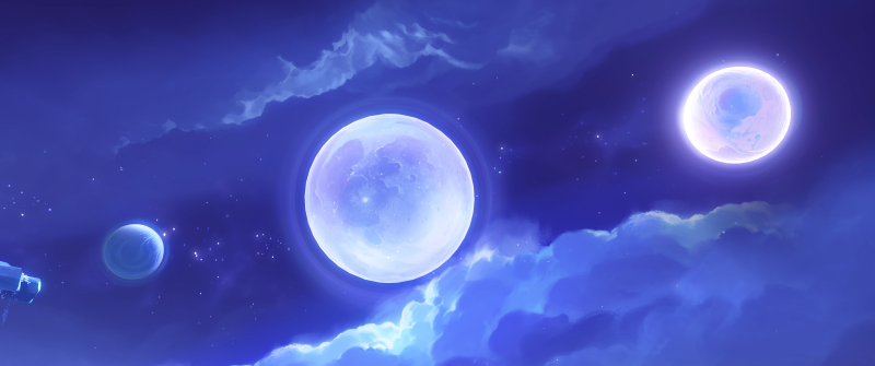 Genshin Impact, Three Moons, Clouds, Stars, Blue aesthetic, Celestial, 5K