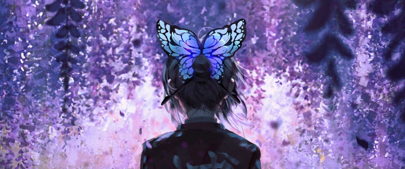 Wisteria, Shinobu Kocho, Demon Slayer: Kimetsu no Yaiba, 5K, 8K, Purple aesthetic, Butterfly