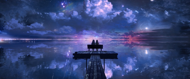 Romantic, Night sky, Lake, Reflections, Wooden pier, Couple, Moon, Women, Valentine, 5K, Dark Mode, Dreamlike, Surrealism