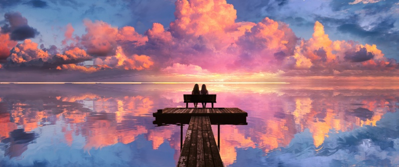 Women, Romantic, Sunset, Clouds, Reflections, Wooden pier, Dreamy, Valentine's Day, 5K, Surreal landscape