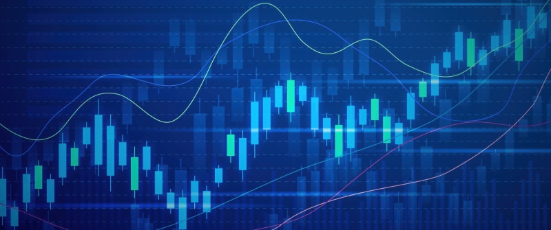 Stock Market, Candlestick pattern, Blue background, Digital illustration, 5K, Trading