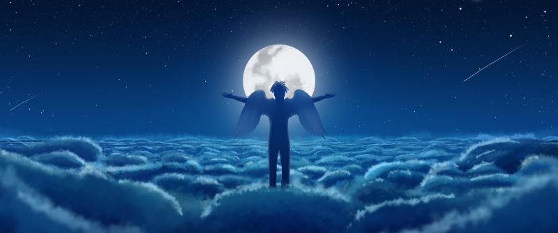 Moonlight, Above clouds, Dream, Man, Wings, Night, Blue aesthetic, 5K