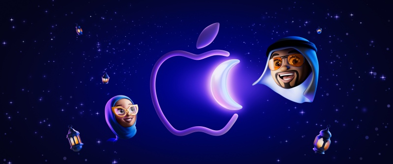 Apple, Ramadan, 5K, Crescent Moon, Lanterns, Illustration, Dark blue, Apple logo