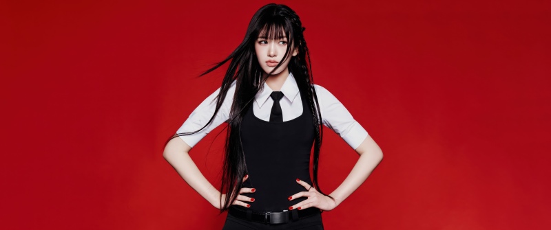 Bang Bang - An Yujin, IVE (K-pop), Red background, 5K, An Yujin, Black dress